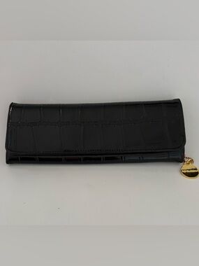 Big Buddha Black Faux Patent Croc-Embossed clutch wallet gold logo charm